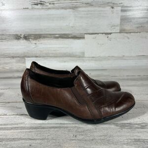 Clarks Dark Brown Leather Slip On Loafer Wedge Pump Dress‎ Work Women Shoes 6.5M